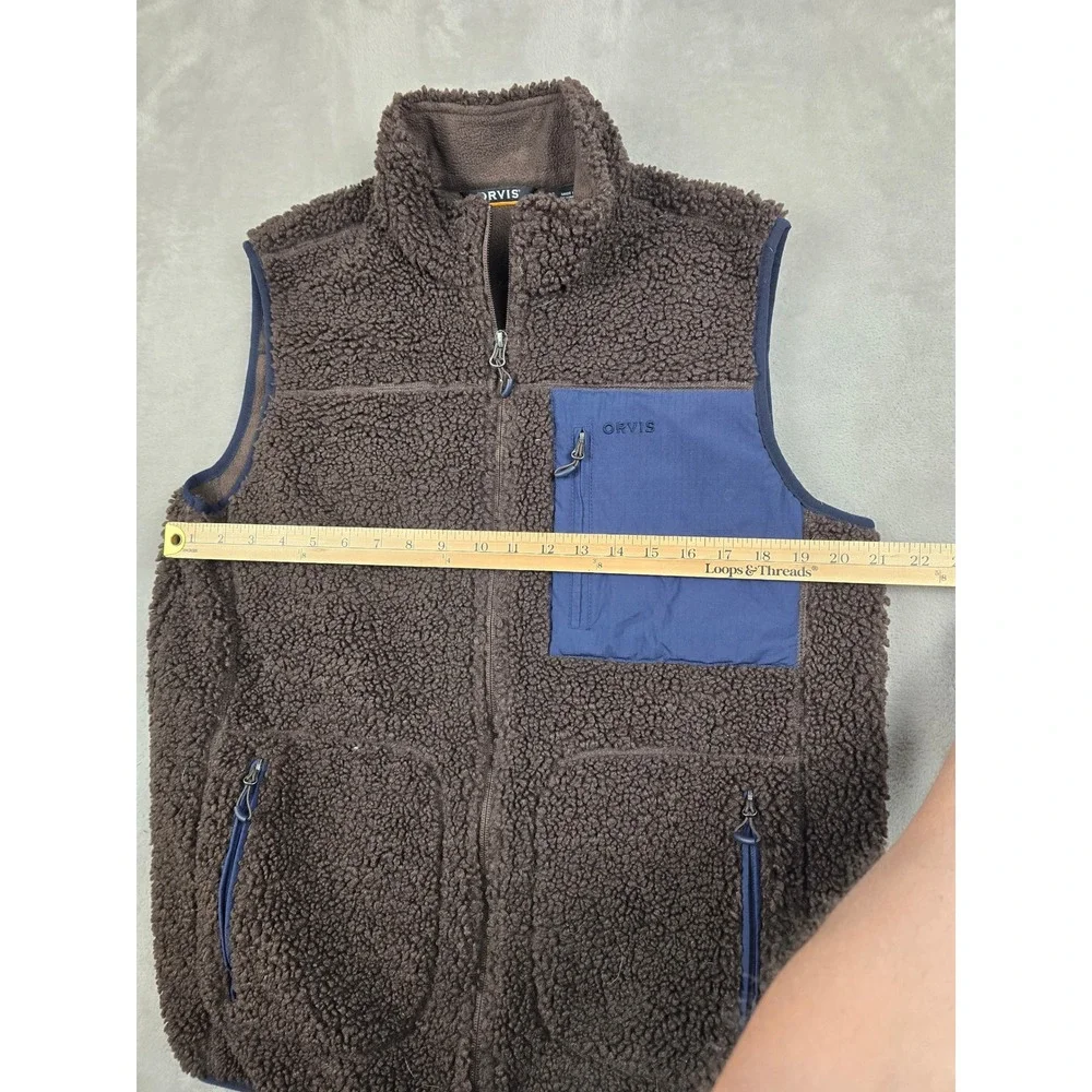 Orvis Mad River Fleece Vest Mens M Brown Sherpa Full Zip Outdoor Layer Fish 25ZE